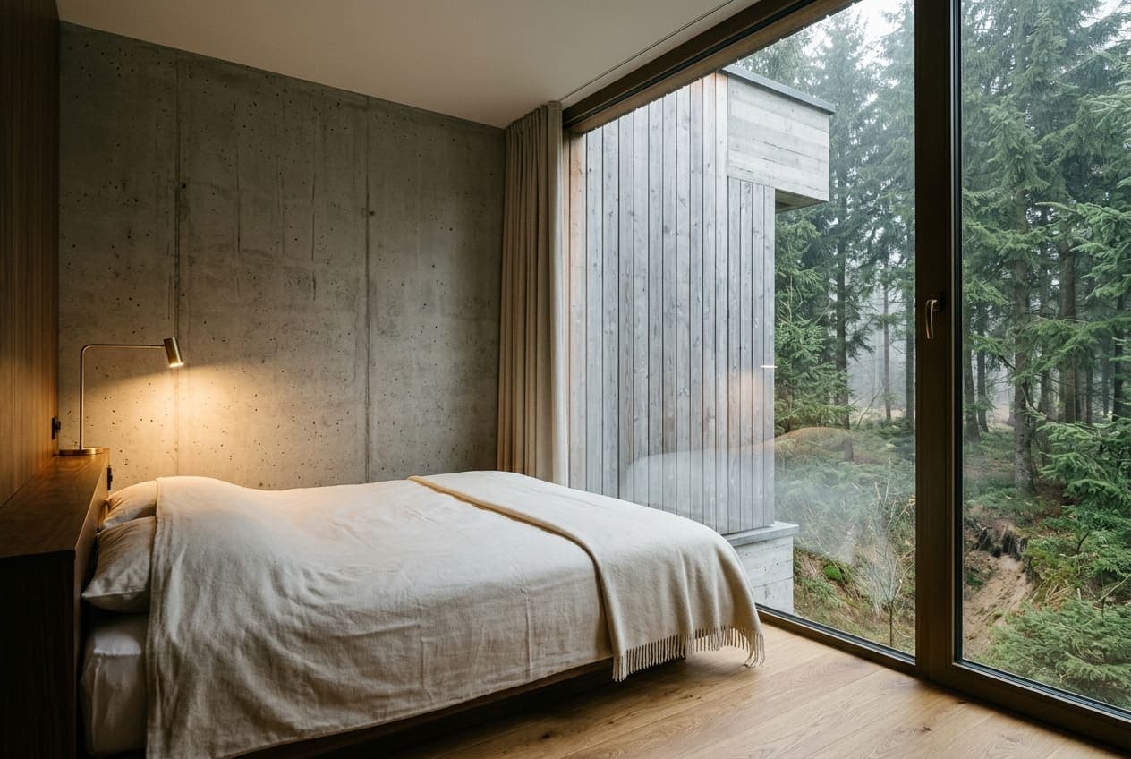 Pokój Leśny — łóżko w lnianej pościeli, dębowa podłoga, okno na pełną wysokość z widokiem na jodły