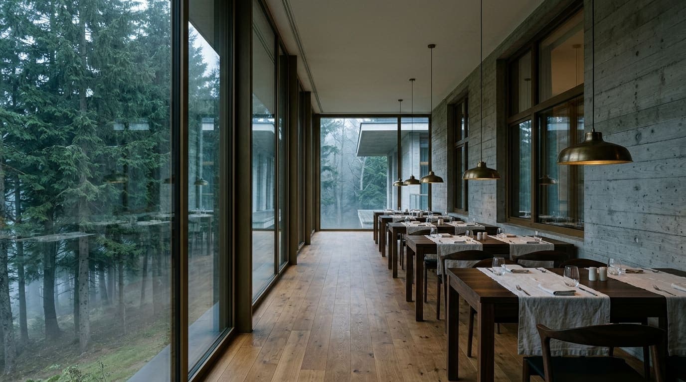 Sala restauracyjna widziana wzdłuż — orzechowe stoły z lnianymi bieżnikami, niskie mosiężne lampy nad każdym, przeszklenie na las po prawej